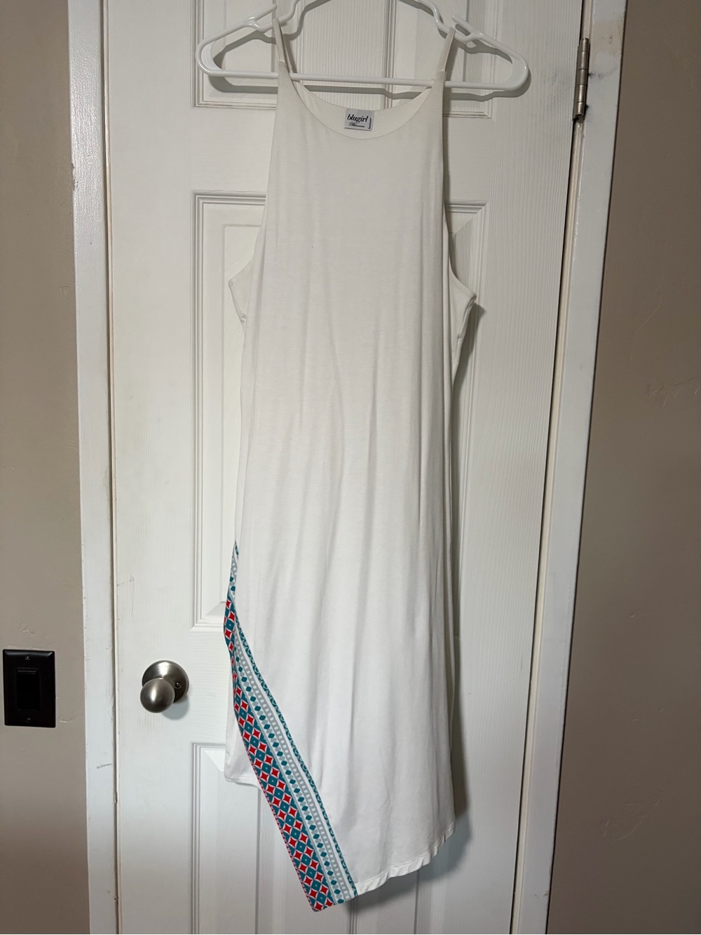 Mossimo White Asymmetrical Tank Dress with Blue and Red Embroidered Trim
